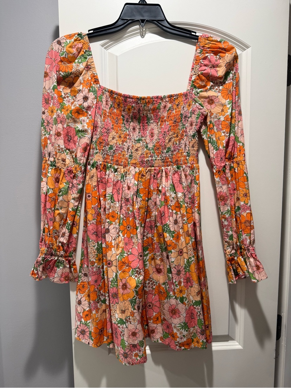 Gianni B Floral Smocked Mini Dress in Pink & Orange